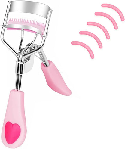Stainless Steel Eyelash Curler with Built-in Comb Pinch Pain-Free Suitable for Any Eye Shapes and Sizes, with 5 Silicone Refill Pads (Light Pink)