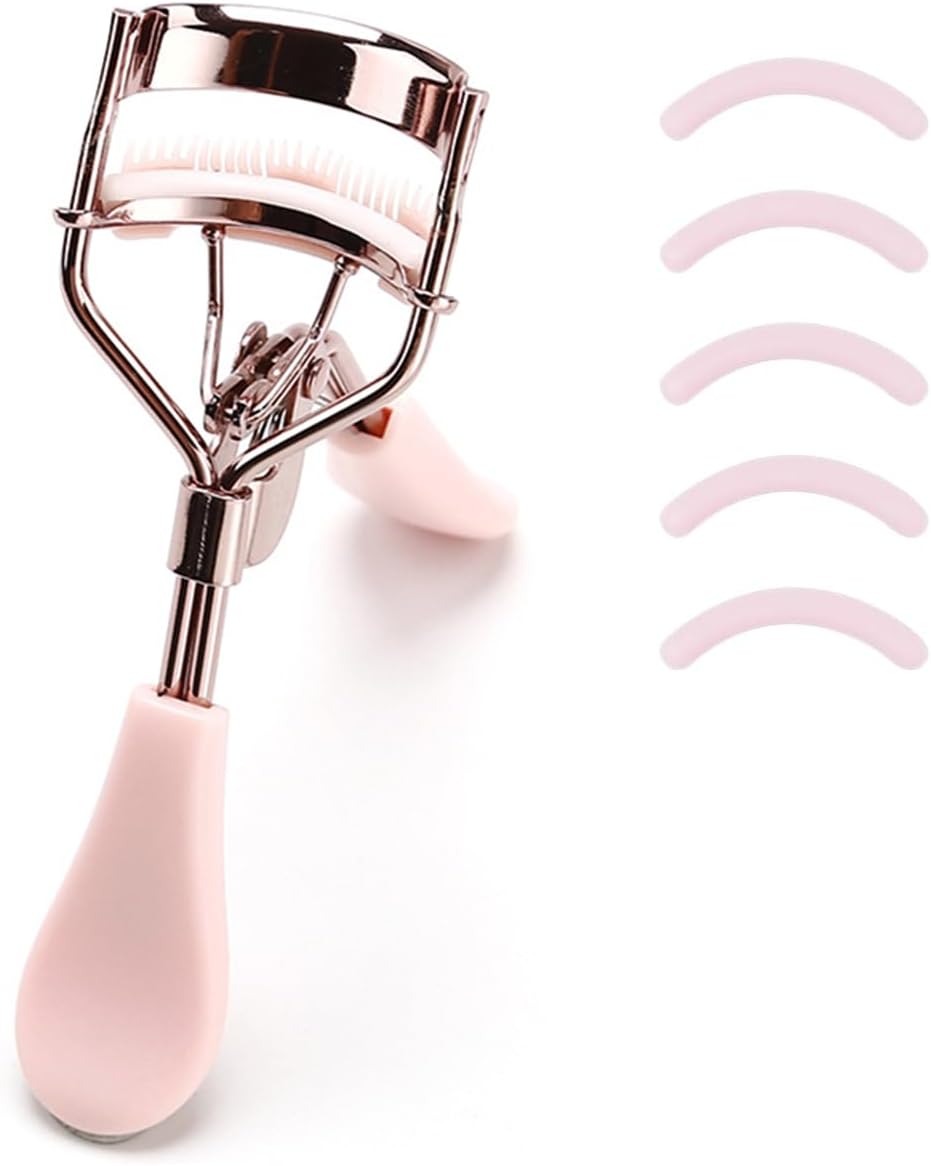Stainless Steel Eyelash Curler with Built-in Comb Pinch Pain-Free Suitable for Any Eye Shapes and Sizes, with 5 Silicone Refill Pads (Light Pink)