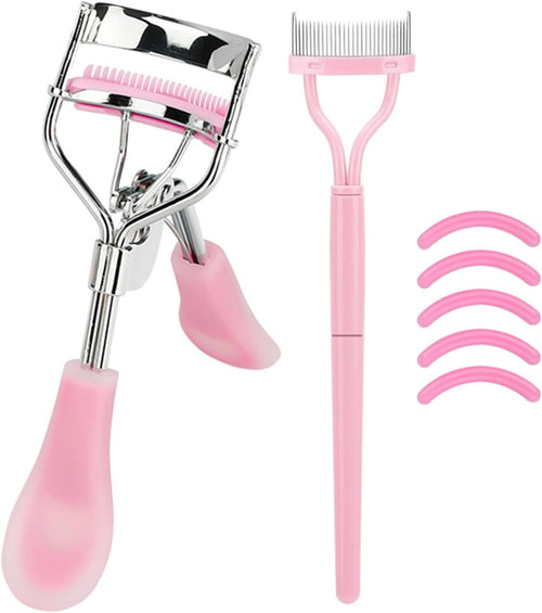 Stainless Steel Eyelash Curler with Built-in Comb Pinch Pain-Free Suitable for Any Eye Shapes and Sizes, with 5 Silicone Refill Pads (Light Pink)