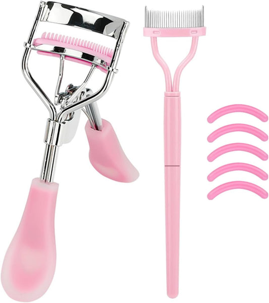 Stainless Steel Eyelash Curler with Built-in Comb Pinch Pain-Free Suitable for Any Eye Shapes and Sizes, with 5 Silicone Refill Pads (Light Pink)