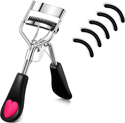 Stainless Steel Eyelash Curler with Built-in Comb Pinch Pain-Free Suitable for Any Eye Shapes and Sizes, with 5 Silicone Refill Pads (Light Pink)