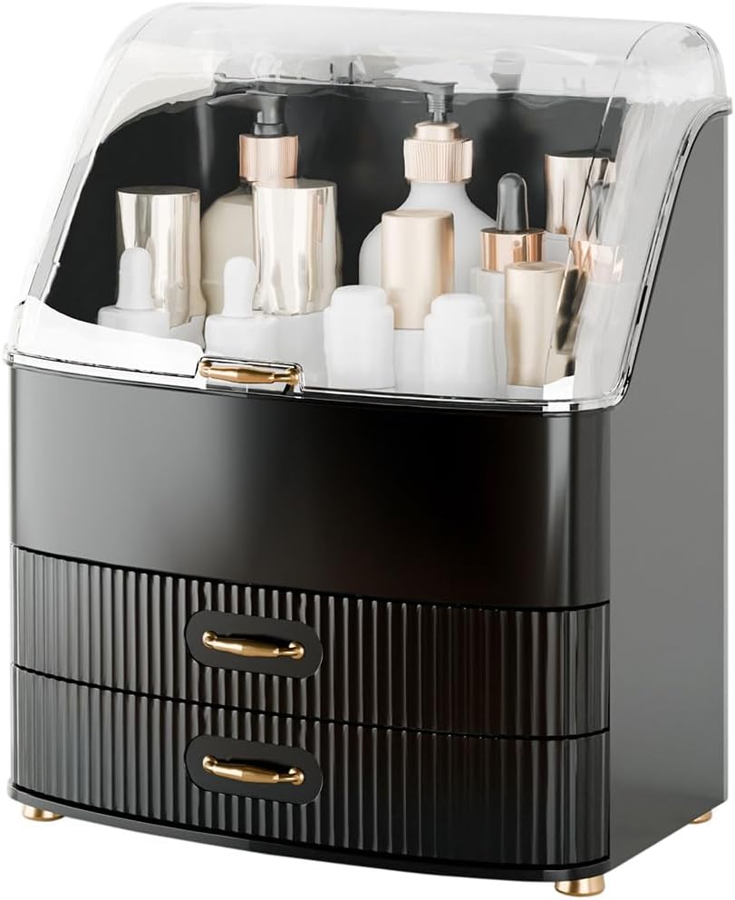 Makeup Organizer Countertop Vanity with Transparent Lid Drawers Waterproof Dustproof Cosmetic Skincare Bathroom Storage Gift for Women Teens Girls (Clear Black)