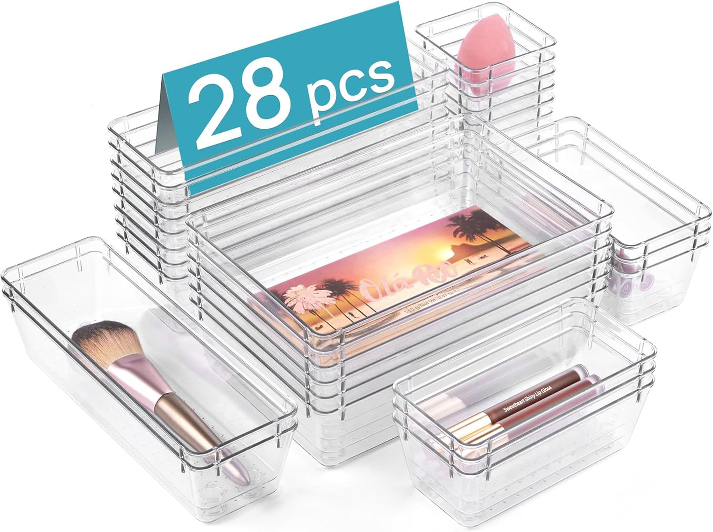 25 PCS Clear Plastic Drawer Organizers Set, 4-Size Versatile Bathroom and Vanity Drawer Organizer Trays, Storage Bins for Makeup, Bedroom, Kitchen Gadgets Utensils and Office