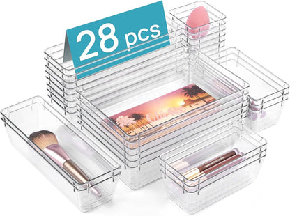 25 PCS Clear Plastic Drawer Organizers Set, 4-Size Versatile Bathroom and Vanity Drawer Organizer Trays, Storage Bins for Makeup, Bedroom, Kitchen Gadgets Utensils and Office