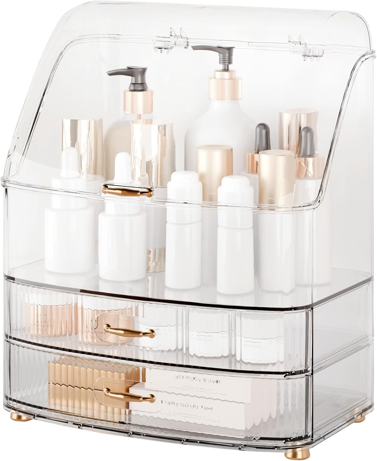 Makeup Organizer Countertop Vanity with Transparent Lid Drawers Waterproof Dustproof Cosmetic Skincare Bathroom Storage Gift for Women Teens Girls (Clear Black)