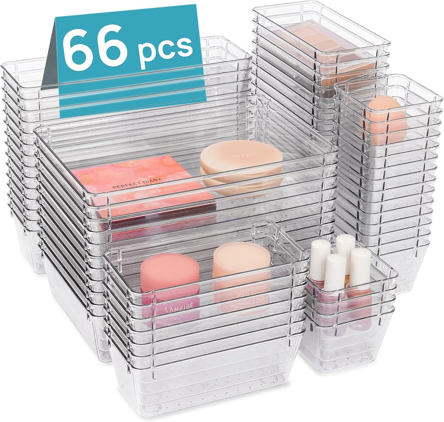 25 PCS Clear Plastic Drawer Organizers Set, 4-Size Versatile Bathroom and Vanity Drawer Organizer Trays, Storage Bins for Makeup, Bedroom, Kitchen Gadgets Utensils and Office