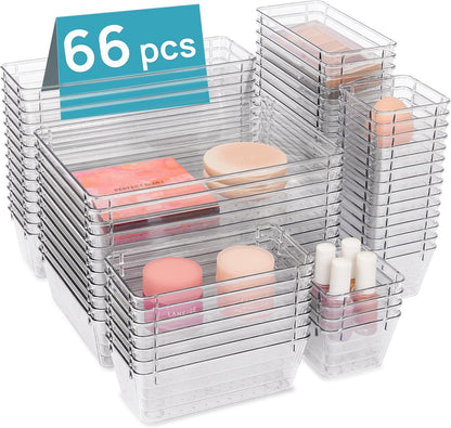 25 PCS Clear Plastic Drawer Organizers Set, 4-Size Versatile Bathroom and Vanity Drawer Organizer Trays, Storage Bins for Makeup, Bedroom, Kitchen Gadgets Utensils and Office