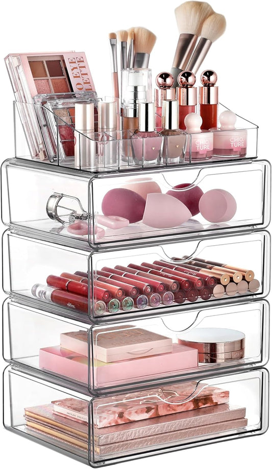3 Tier Clear Makeup Organizer with Drawer, Cosmetic Storage for Dresser Countertop and Bathroom Vanity, Beauty Holder for Lipstick Brush Skincare