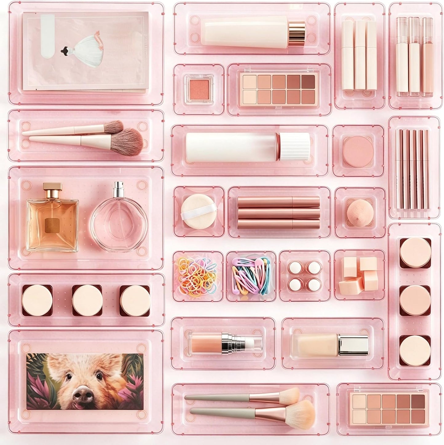 25 PCS Clear Plastic Drawer Organizers Set, 4-Size Versatile Bathroom and Vanity Drawer Organizer Trays, Storage Bins for Makeup, Bedroom, Kitchen Gadgets Utensils and Office