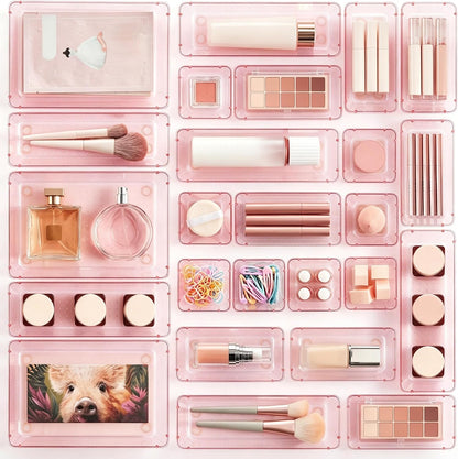 25 PCS Clear Plastic Drawer Organizers Set, 4-Size Versatile Bathroom and Vanity Drawer Organizer Trays, Storage Bins for Makeup, Bedroom, Kitchen Gadgets Utensils and Office