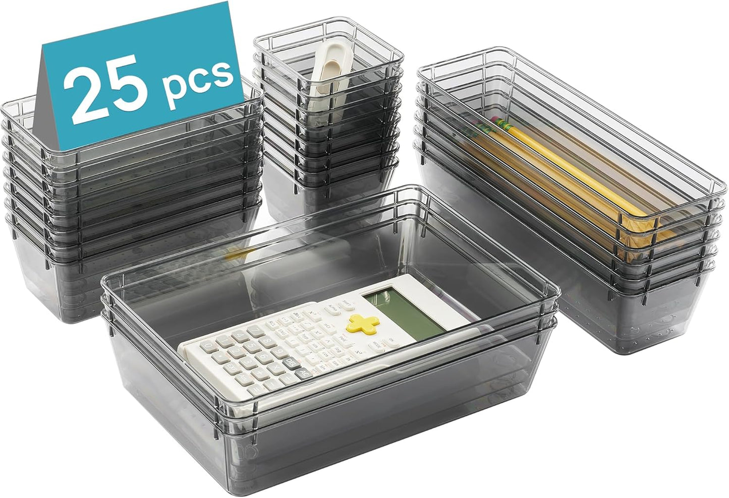 25 PCS Clear Plastic Drawer Organizers Set, 4-Size Versatile Bathroom and Vanity Drawer Organizer Trays, Storage Bins for Makeup, Bedroom, Kitchen Gadgets Utensils and Office