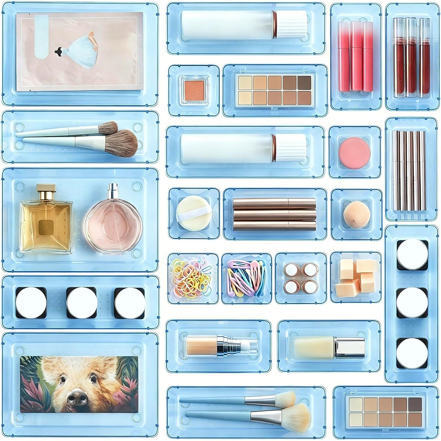 25 PCS Clear Plastic Drawer Organizers Set, 4-Size Versatile Bathroom and Vanity Drawer Organizer Trays, Storage Bins for Makeup, Bedroom, Kitchen Gadgets Utensils and Office