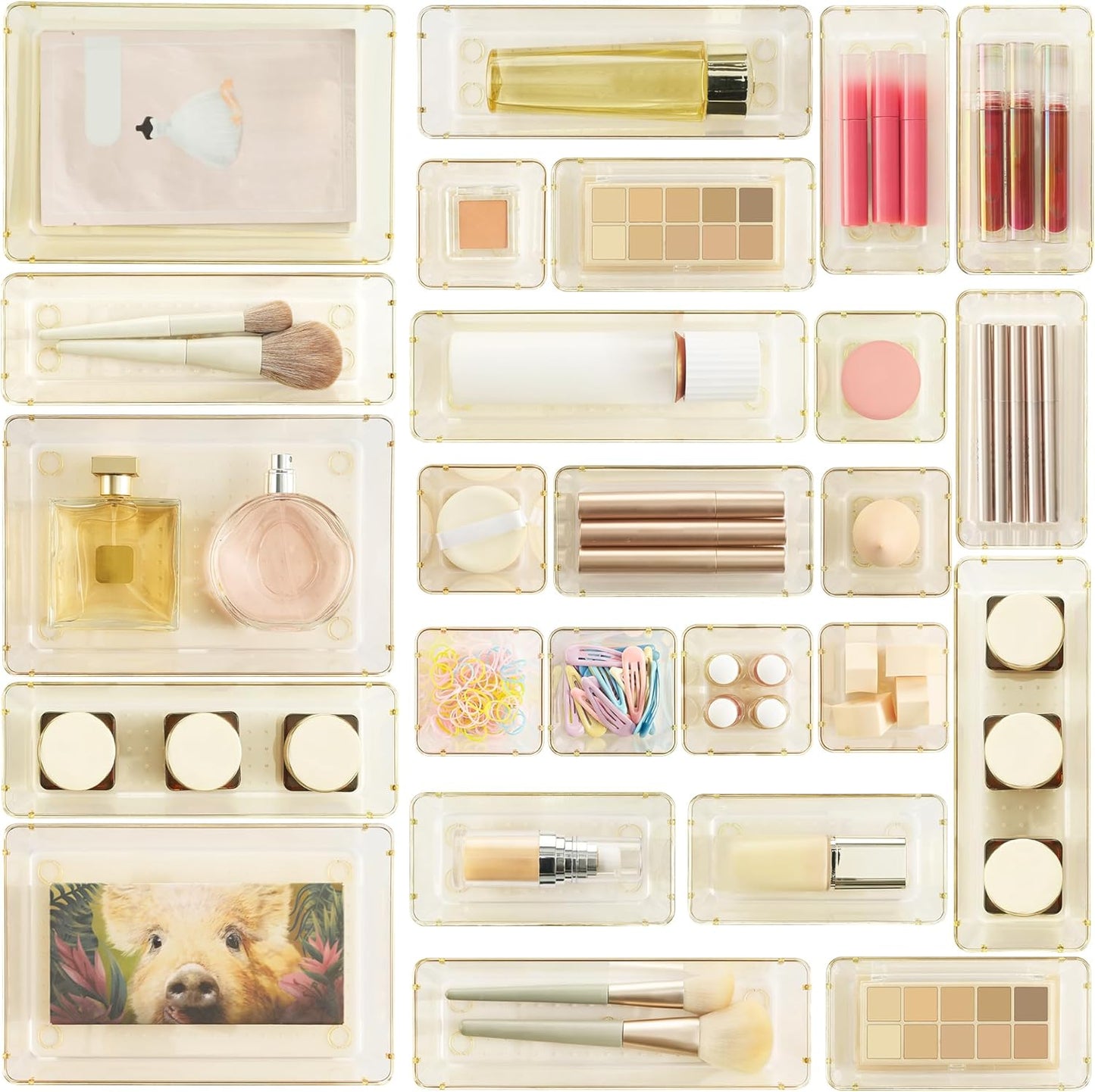 25 PCS Clear Plastic Drawer Organizers Set, 4-Size Versatile Bathroom and Vanity Drawer Organizer Trays, Storage Bins for Makeup, Bedroom, Kitchen Gadgets Utensils and Office