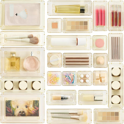 25 PCS Clear Plastic Drawer Organizers Set, 4-Size Versatile Bathroom and Vanity Drawer Organizer Trays, Storage Bins for Makeup, Bedroom, Kitchen Gadgets Utensils and Office